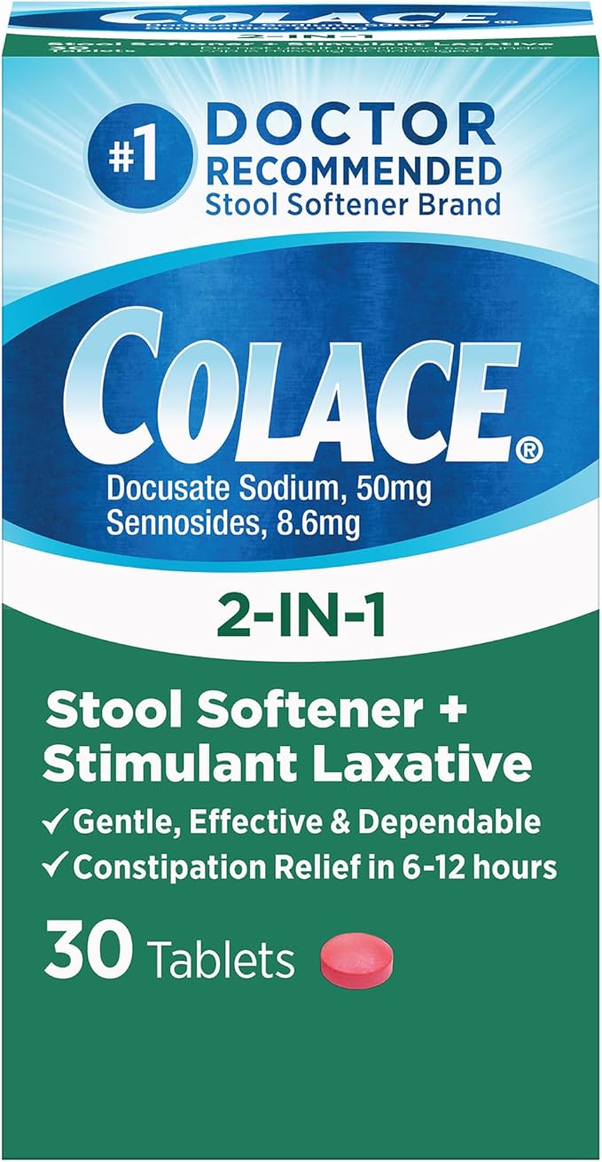 Colace 2-in-1 Stool Softener Plus Stimulant Laxative for Gentle Effective Constipation Relief Docusate Sodium Plus Sennosides 60 Count and 30 Count