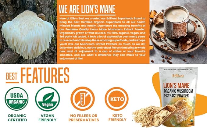 Ellie's Best Lions Mane Mushroom Extract Powder Supplement Organic 114 Servings - Double Extracted for Highest Potency - Dissolves in Coffee Tea Juice etc.4oz