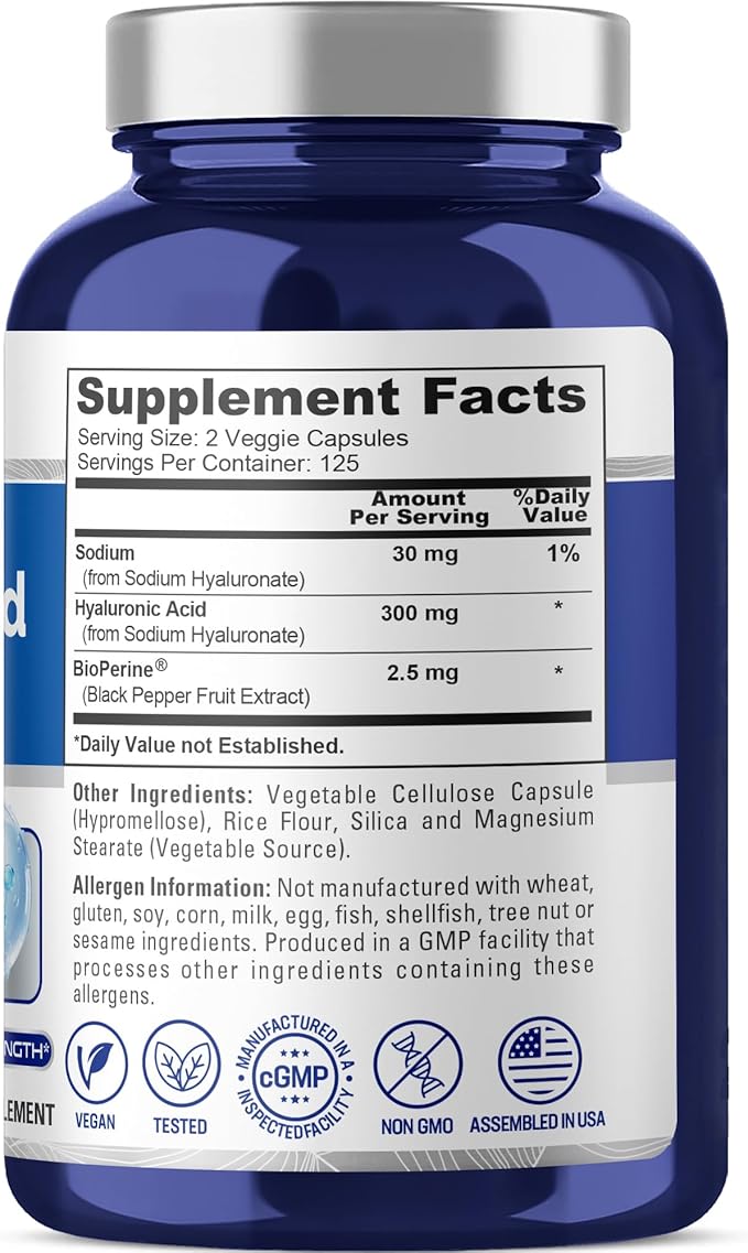 NusaPure Hyaluronic Acid 300mg 250 Veggie Capsules (Non-GMO Vegan)