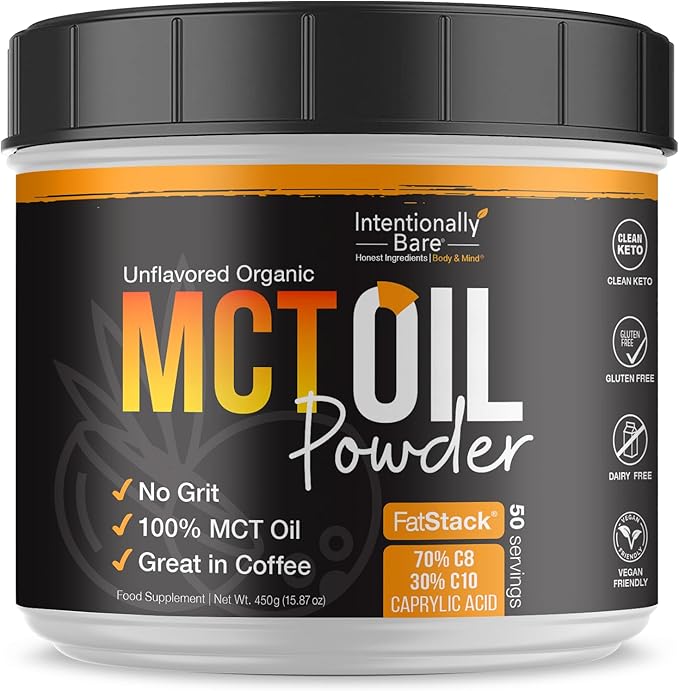 Intentionally Bare MCT Oil Powder - Unflavored Coconut Oil with 70% C8 and 30% C10 - MCT Oil for Clean Energy Brain Health Mood and Focus - Coconut C8 for Keto Paleo and Vegan Pills - 50 Servings