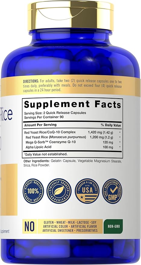 Carlyle Red Yeast Rice with CoQ10 Complex | 1420 mg | 180 Capsules | Mega Q-Sorb | Non-GMO Gluten Free Supplement