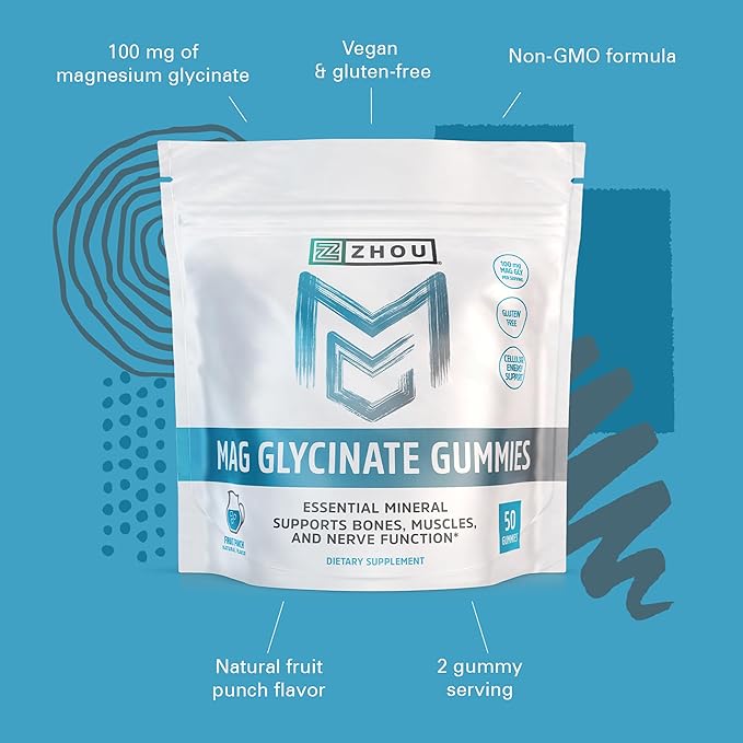 Zhou Mag Gly Gummies - Magnesium Glycinate Gummies for Women &amp Men Cellular Energy Support Muscle &amp Nerve Function Support Vegan Gluten Free Natural Fruit Punch Flavor - 50 Count