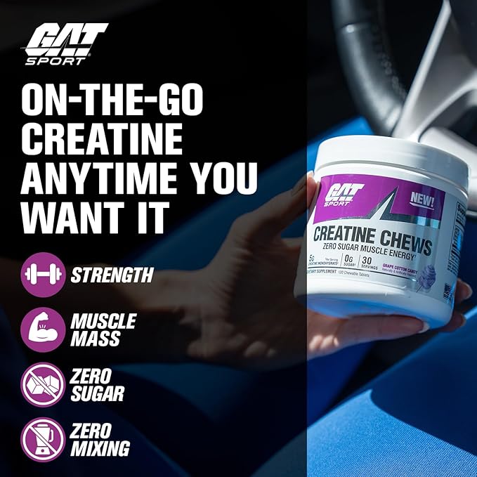 GAT SPORT Creatine Chews Zero Sugar 5g Pure Creatine Monohydrate 3rd Party Tested Brain Health Muscle Strength Anti-oxidant Support for Men &amp Women 30 Servings (Grape Cotton Candy)