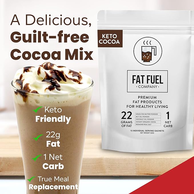 Fat Fuel Keto Cocoa 22g Premium Fats - with Grass Fed Butter MCT Oil Coconut &amp Redmond Real Salt - Instant Organic Cocoa One Net Carb A True Meal Replacement - 15 Servings
