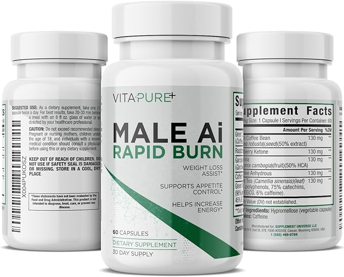 Male Ai Rapid Fat Burner for Men | Supports GLP-1 Pathway Function for Weight Loss | Appetite Suppressant Energy Booster Unisex Diet Pills | 3rd Party Tested Formula - 60 Capsules