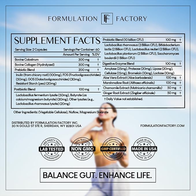 Formulation Factory Probiotics for Women &amp Men - Gut Intellect 10-in-1 Digestive Enzymes with Prebiotics and Postbiotics - Total Gut Health Supplement - 120 Capsules 2 Month Supply