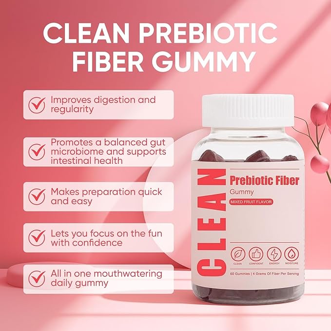 Clean Prebiotic Fiber Gummy Clean Fiber Gummies for Men Men Prebiotic Supplement for Digestive Gut Health Non-GMO 60 Gummies / 4g Fibers Per Serving