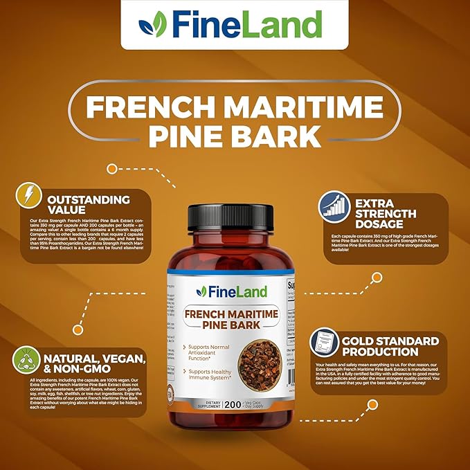FineLand French Maritime Pine Bark 30:1 Extract Max Strength 450 mg Per Serving Antioxidant 200 Veggie Caps of Pine Bark Supplement for 200 Days 100% Natural
