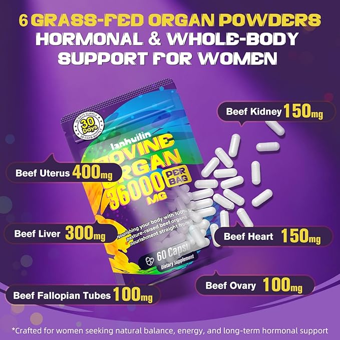 Beef Organ Supplement for Women - 100% Grass Fed Beef Organs with Bovine Liver Ovary Uterus Kidney Heart &amp Fallopian Tubes - PMS Menopause &amp Energy Immune &amp Mood Support 60 Count