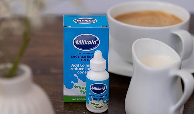 Milkaid Lactase Enzyme Drops Tablets for Lactose Intolerance Relief | Prevents Gas Bloating &amp Diarrhea | Dairy Digestive Supplement | 0.5 Fl Oz &amp 120 Raspberry Flavored Tablets