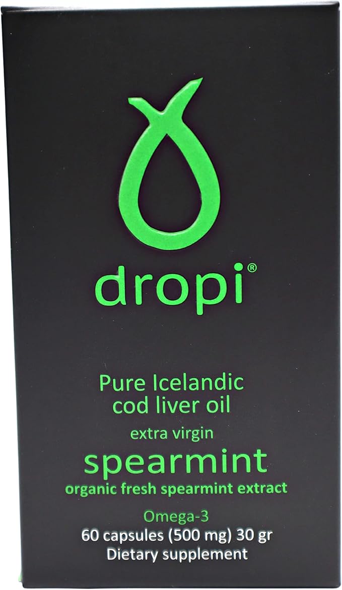 Dropi Pure Icelandic Cod Liver Oil Capsules - Extra Virgin - Organic Fresh Spearmint Extract - Cod Liver Oil Softgels Naturally Rich in Super Omega 3 Fatty Acids Vitamin A Vitamin D - 60 Ct (500mg)