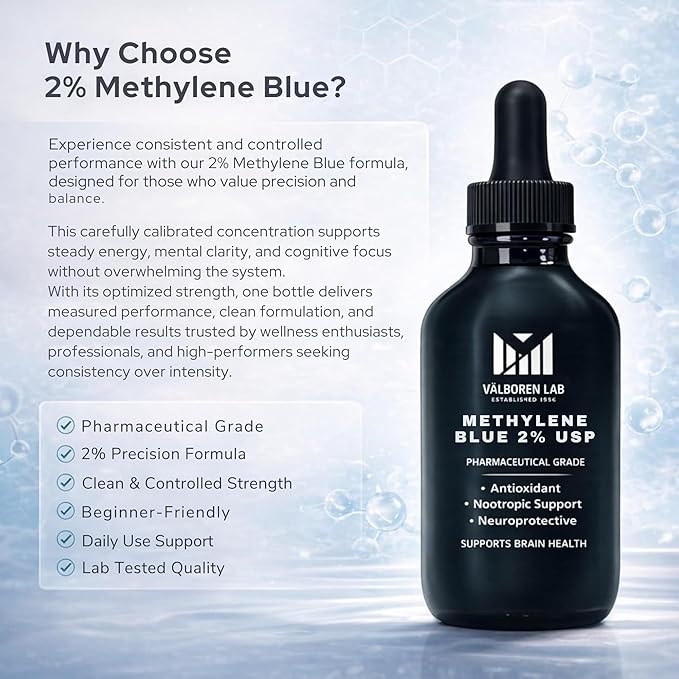 2% Methylene Blue Pharmaceutical Grade - Made in USA - Third Party Tested - Dietary Supplement - Formaldehyde &amp Alcohol-Free - Methane Blue for Humans 2% Drops (118ML Bottle)