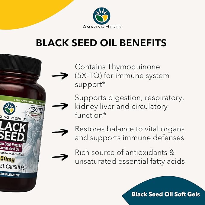 Amazing Herbs Premium Black Seed Oil Capsules - High Potency Cold Pressed Nigella Sativa Aids in Digestive Health Immune Support &amp Brain Function - 60 Count 1250mg