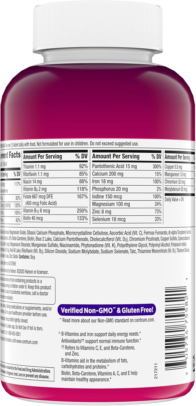 Centrum Multivitamin for Women Multimineral Supplement with Iron Vitamin D3 B Vitamins and Antioxidant Vitamins C and E Gluten Free Non-GMO Ingredients - 250 Count