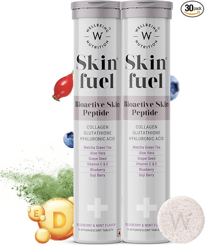 WELLBEING NUTRITION Skin Fuel with Collagen L-Glutathione Hyaluronic Acid Matcha Green Tea Aloe Vera Grape Seed Vitamin C E - 30 Effervescent Tablets