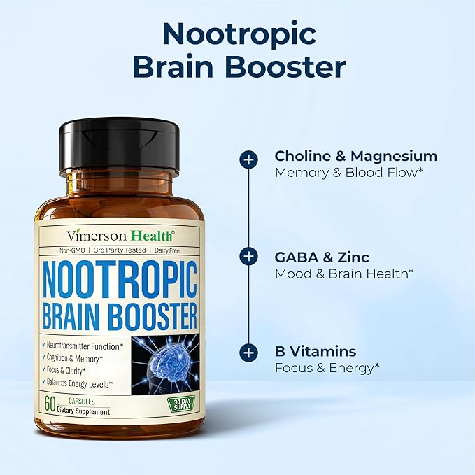 Nootropics Brain Support Supplement - Nootropic Brain Booster for Improved Focus Concentration &amp Memory. Brain Nootropic for Brain Health Mood &amp Energy Support. Non-GMO. Made in the USA. 60