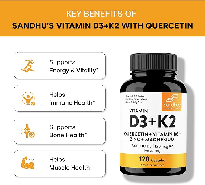 Sandhu's Magnesium Glycinate &amp Vitamin D3 K2 with Quercetin Capsules (120 Count Each) | Supports Quality Sleep Relaxation Immune Muscle Teeth Health &amp Energy