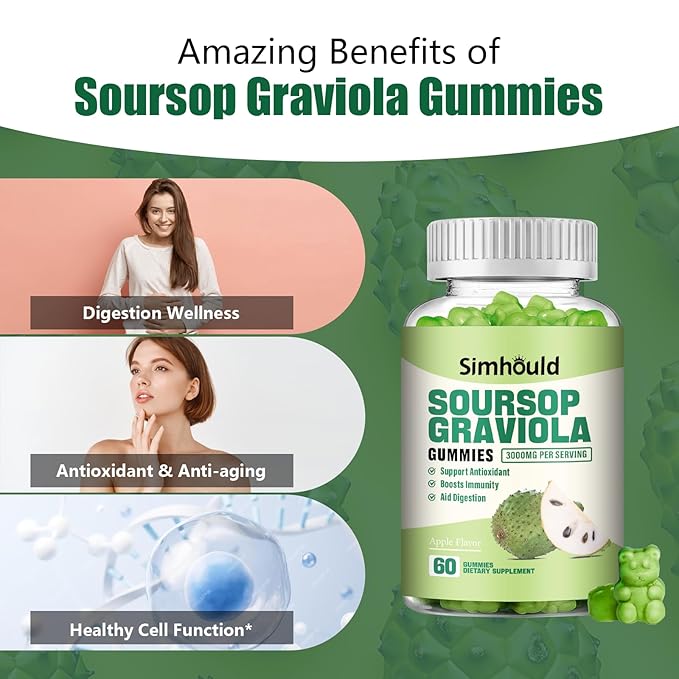 2 Pack Soursop Graviola Gummies - 3000mg Extra Strength Soursop Leaves Supplement with Vitamin C Zinc - Digestive Aid Immune Support &amp Antioxidant - Sugar-Free Non-GMO Vegan 120 Counts