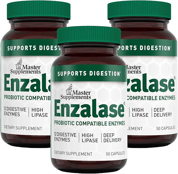 Master Supplements Enzalase - 50 Capsules Pack of 3 - Probiotic Compatible Enzymes - Provides Digestive Boost + Gas &amp Bloating Relief - Gluten Free - 150 Total Servings