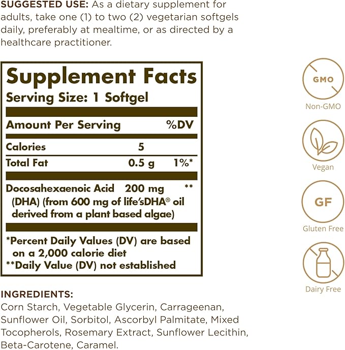 Solgar Vegetarian DHA 200 mg - 50 Vegetarian Softgels - Naturally Sourced Omega-3 - Vegan Gluten Free Dairy Free - 50 Servings