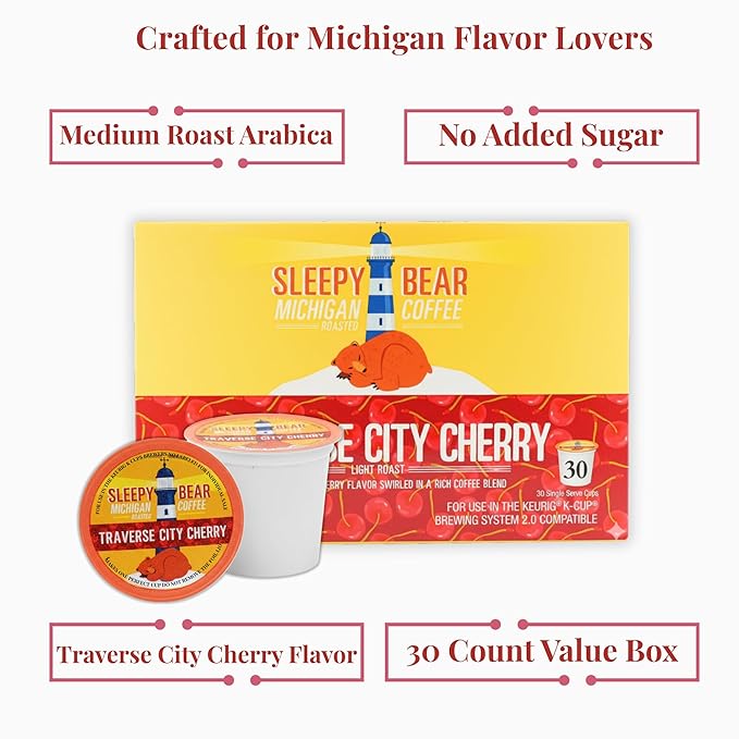 Sleepy Bear Coffee Pods Medium Roast Arabica Rich Flavor Michigan-Made Smooth &amp Sweet No Sugar Added 30ct Pods Compatible with Single-Serve Brewers (Traverse City Cherry Coffee)
