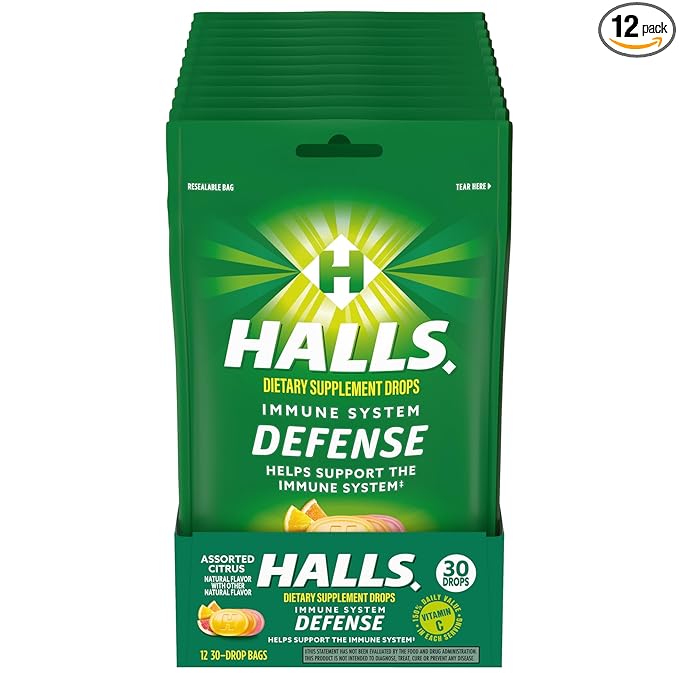 HALLS Defense Assorted Citrus Vitamin C Drops Dietary Supplement Drops 12 Bags of 30 Drops (360 Total Drops)