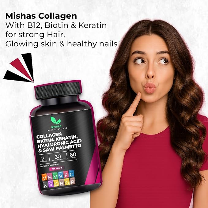 Multi Collagen Hair Pills - Biotin 10000mcg Keratin &amp Hyaluronic Acid - Hair Growth - Hair Skin &amp Nails Vitamins &amp DHT Blocker - Vitamin E Folic Acid Pumpkin Seed MSM Saw Palmetto 60 Ve