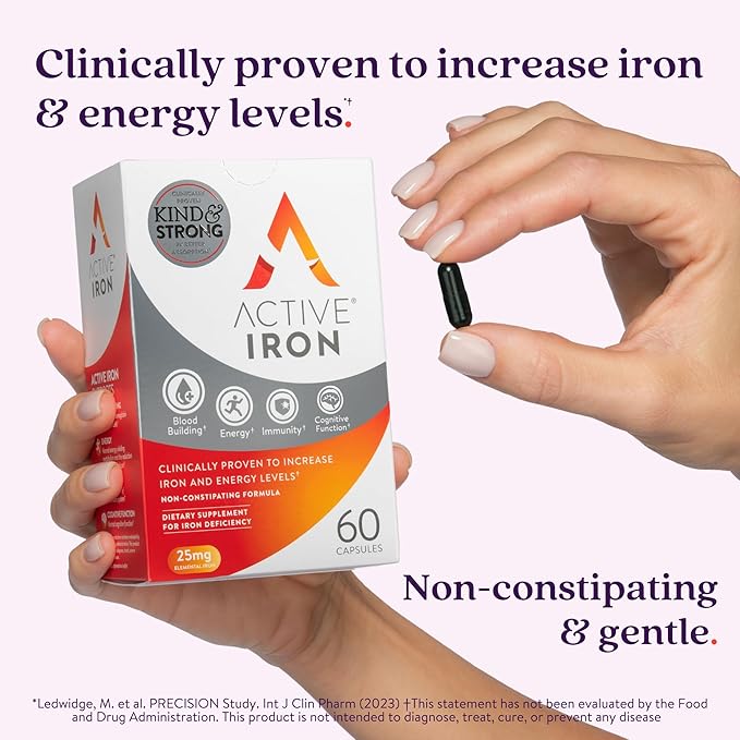 Active Iron Supplement 25mg Clinically Proven to Increase Iron &amp Energy Levels Maximum Absorption Gentle Non-Constipating Avoids Nausea &amp Side Effects 60 On-the-Go Foil Protected Capsule