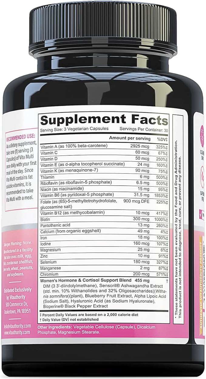 Vitauthority Multivitamin for Women Women’s Daily Multi-Vitamin Supplement with DIM Iodine Ashwagandha Supports Youthful Complexion Healthy Cortisol and Estrogen Balance 30 Day Supply