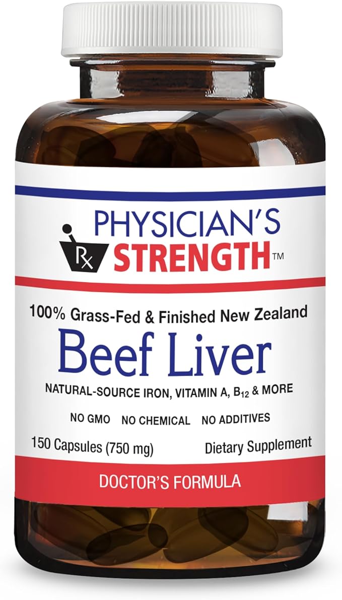Physician's Strength Beef Liver - 150 Capsules - Natural Source of Iron Vitamin A &amp B12 - 100% Grass Fed - Non-GMO &amp No Additives - 30 Servings
