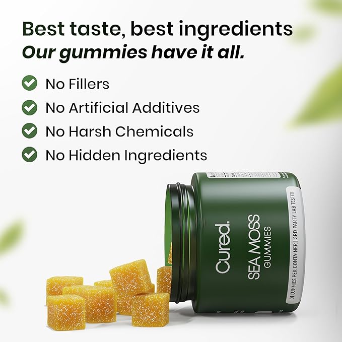 Cured Sea Moss Gummies | Made in America w/Raw Sea Moss Bladderwrack &amp Burdock Root | Potent Seamoss Gummies for Immune Gut &amp Skin Health | 3X Stronger Than Gel | 30 Day Supply