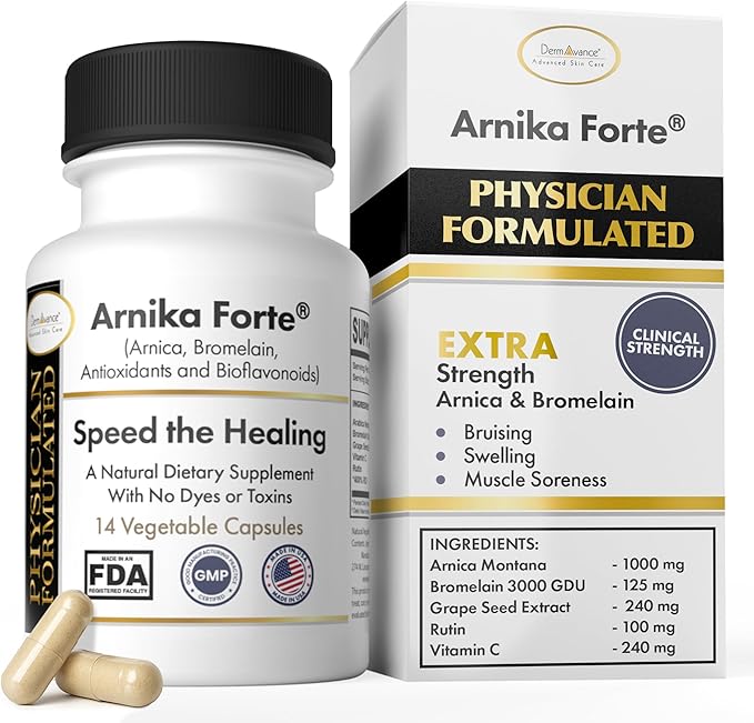 DermAvance Arnika Forte Capsules – Swelling and Bruising Reducer After Surgery and Aesthetic Treatments Antioxidants &amp Bioflavonoids Arnica 1000mg Bromelain 125mg 3000GDU - 14 Capsules