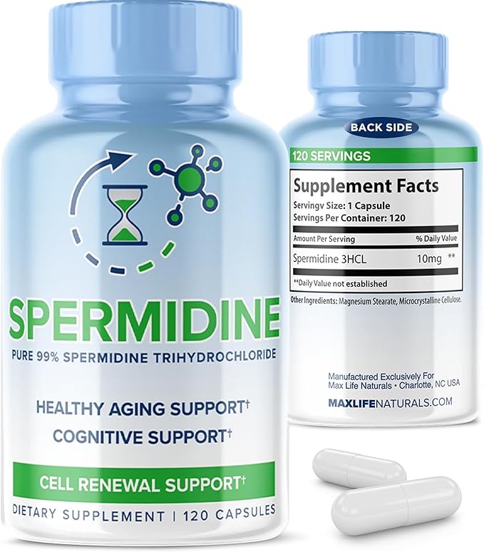 Pure Spermidine Supplement with Trihydrochloride 3HCL 10mg - 120 Capsules - Spermidine Supplements for Women for Brain Vitality Cell Repair Anti Aging Supplement for Men Longevity Supplements