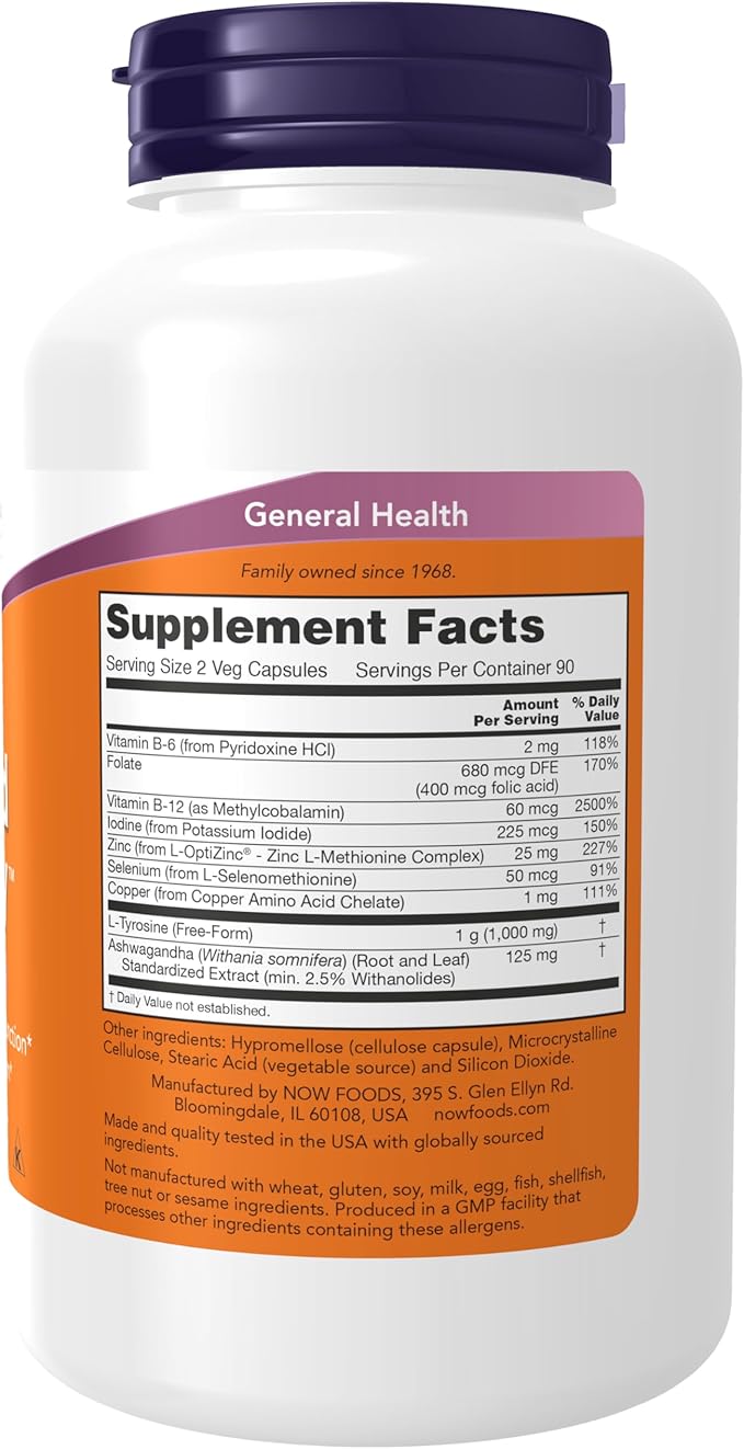 NOW Foods Supplements Thyroid Energy™ Iodine and Tyrosine plus Selenium Zinc and Copper 180 Veg Capsules