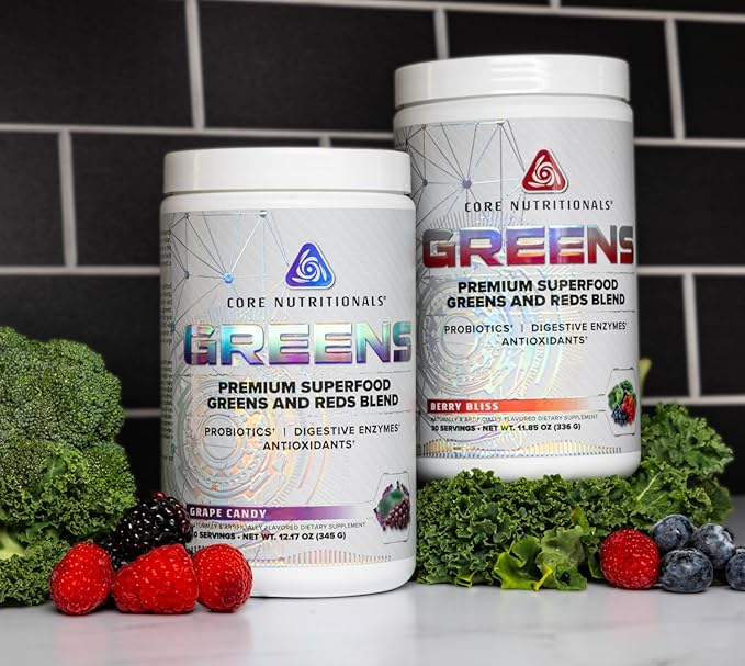 Core Nutritionals Greens | Premium Superfood Reds &amp Greens Blend | 5 Billion CFU Probiotics Digestive Enzymes &amp Antioxidants | 30 Servings (Berry Bliss)
