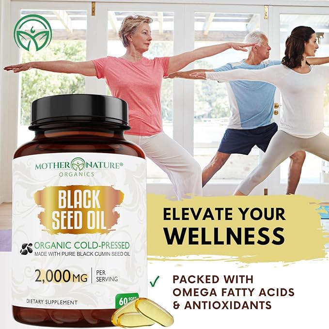Black Seed Oil Capsules 2000mg Per Serving Organic Cold Pressed Black Cumin High TQ Immune &amp Joint Support 60 Count