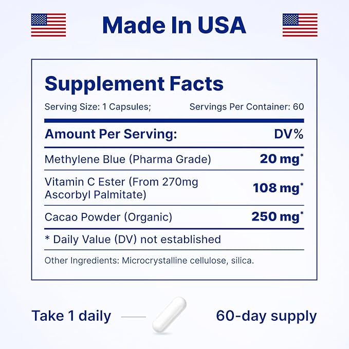 Ultimate Methylene Blue Capsules 20mg - Memory Supplement for Brain Focus Fuel | Blue Methylene Pharmaceutical Grade - Energy and Focus Supplement | Energy Pills | 120 Servings
