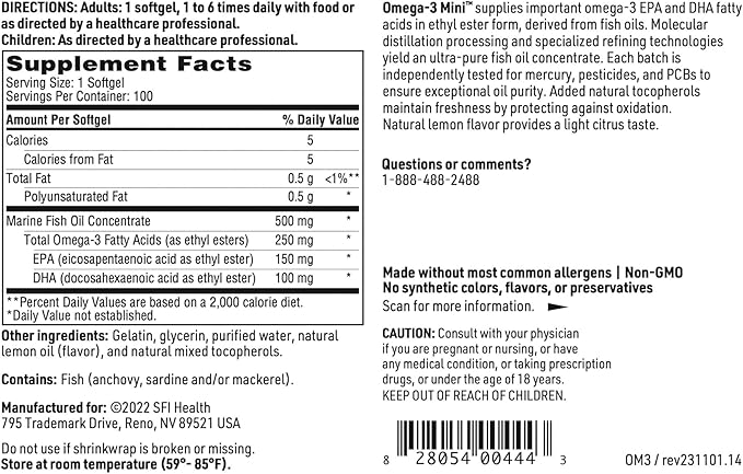 Klaire Labs SFI Health Omega-3 Mini - Ultra Pure Easy to Swallow Fish Oil Gels for Kids &amp Adults 150 Milligrams EPA / 100 Milligrams DHA Omega 3 Fatty Acids Lemon Flavor (100 Softgels)