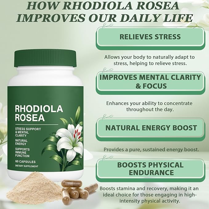 Floraviva Rhodiola Rosea Capsules Natural Adaptogenic Herb 500mg Organic Rhodiola Rosea Extract Supplement for Stress Support Balance Energy Immune Function Non-GMO 60 Vegan Capsules