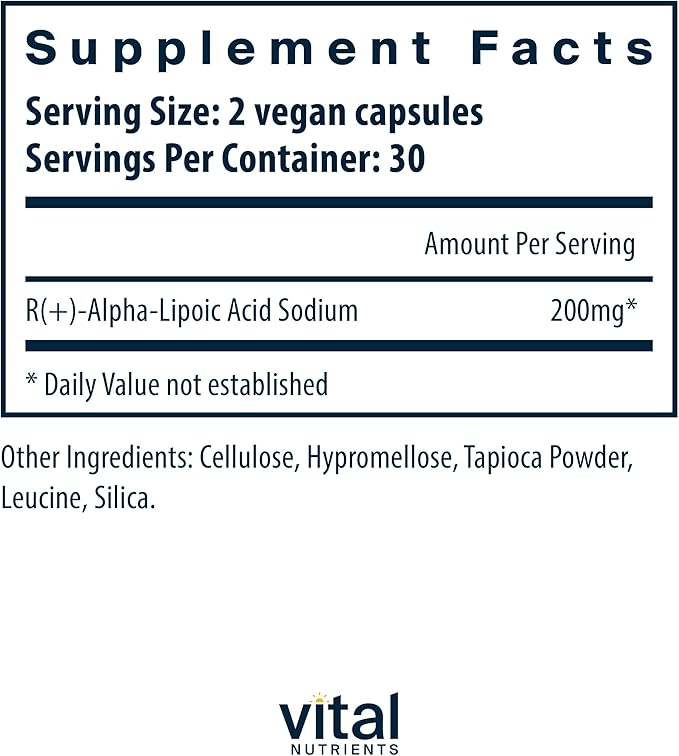 Vital Nutrients R-Lipoic Acid - Active Alpha-Lipoic Acid Antioxidant - ALA Supplement for Healthy Metabolism and Energy - Gluten Dairy Soy Free - Non-GMO - 60 Capsules