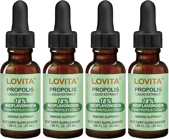 LOVITA 4 Bottles Value Pack Bee Propolis Liquid Extract 500mg 5:1 Resin Drops with 18% Bioflavonoids Alcohol-Free Antioxidant Immune Support &amp Throat Soothing