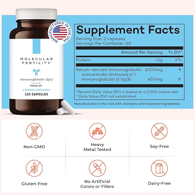 Immunoglobulin IgG Supplement for Men &amp Women - Dairy-Free Bovine Colostrum Alternative - IGA IgM ImmunoLin for Immune Support Gut Health Reproductive Wellness - 60 Servings