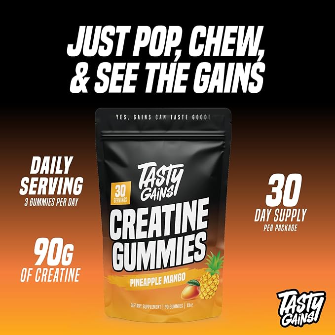 TASTY GAINS Creatine Gummies - 90g of Creatine Monohydrate - Workout Supplements - Build Muscle &amp Boost Strength for Men &amp Women - Made in USA - Non GMO - Vegan Friendly (Large Pineapple Mang