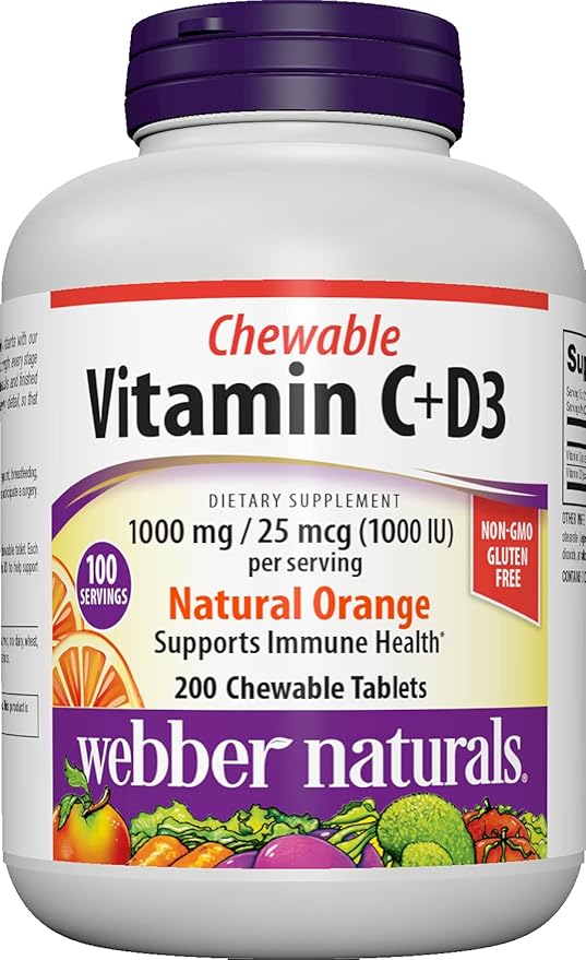 Webber Naturals Vitamin C+D3 200 Chewable Orange Tablets 1000 mg of Vitamin C with 1000 IU of Vitamin D3 Per Serving Bones Teeth Immune and Antioxidant Support Non GMO Dairy &amp Gluten Free