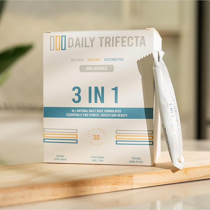 DAILY TRIFECTA 3-in-1 Collagen Creatine &amp Electrolyte Stick Packs | Type I Collagen Creatine Monohydrate Zero Sugar | 30 Natural Single-Serve Packets | Strength Hydration &amp Recovery (Unfla