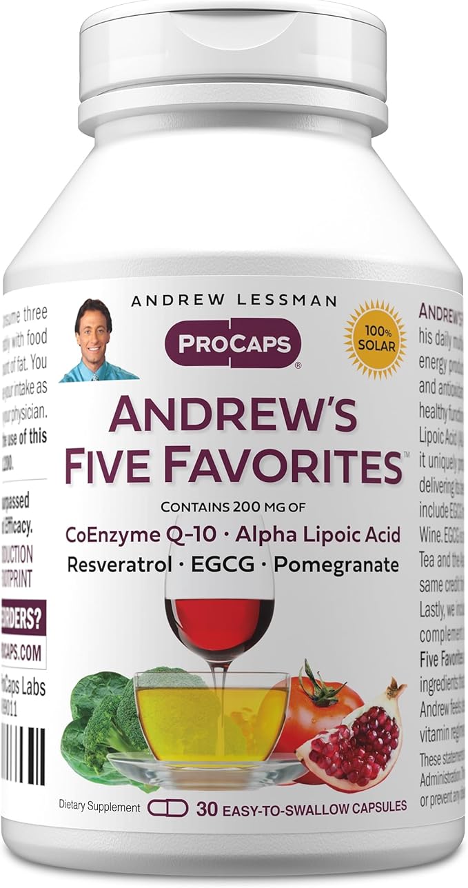 ANDREW LESSMAN Andrew's Five Favorites 30 Capsules - Provides 200mg Each of Coenzyme Q-10 Resveratrol EGCG Pomegranate and Alpha Lipoic Acid Powerful Anti-Oxidant Support No Additives