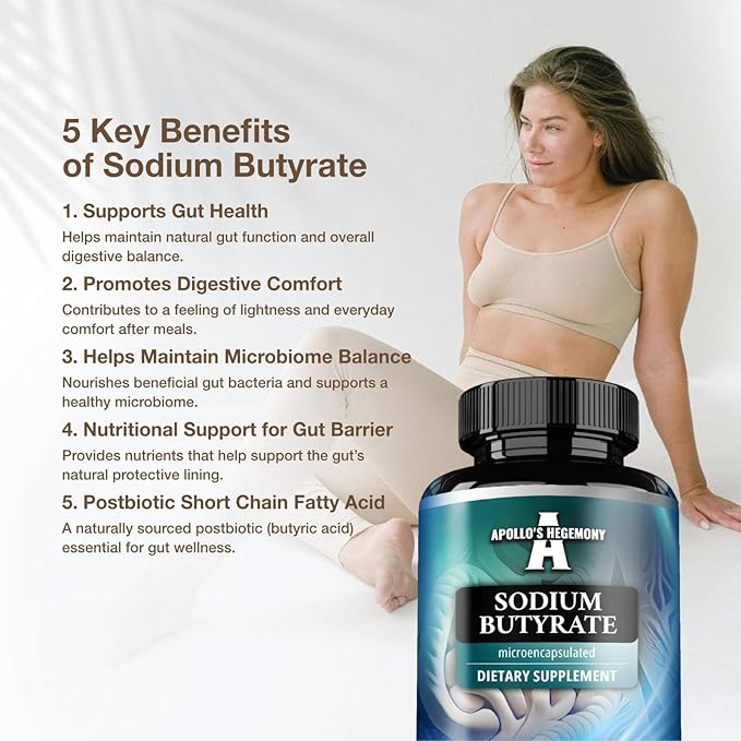 Sodium Butyrate High Dose 580 mg (30% Butyric Acid) 240 Vegan Capsules 8 Month Supply Sodium Supplement to Support Overal Gut Health - by Apollo's Hegemony