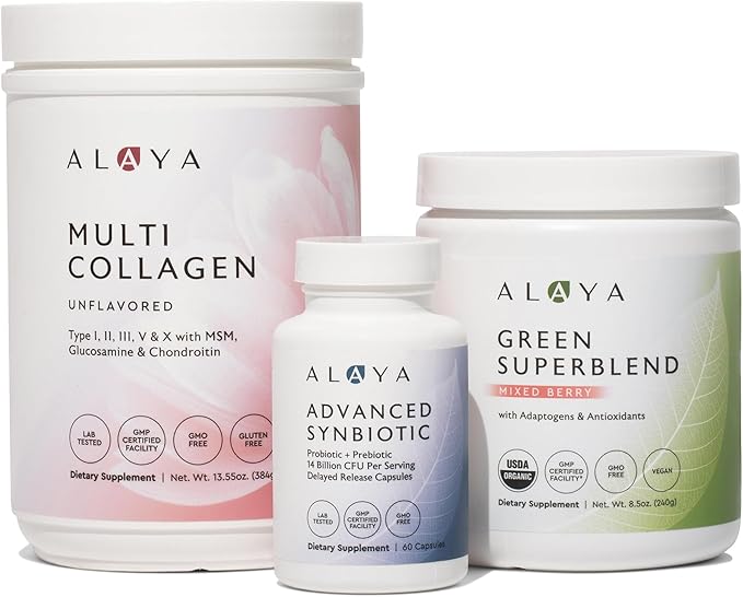 Alaya Multi Collagen Powder (Unflavored) + Advanced Synbiotic + Organic Green Superblend (Mixed Berry) for Gut Skin &amp Daily Wellness - Foundation Starter Bundle