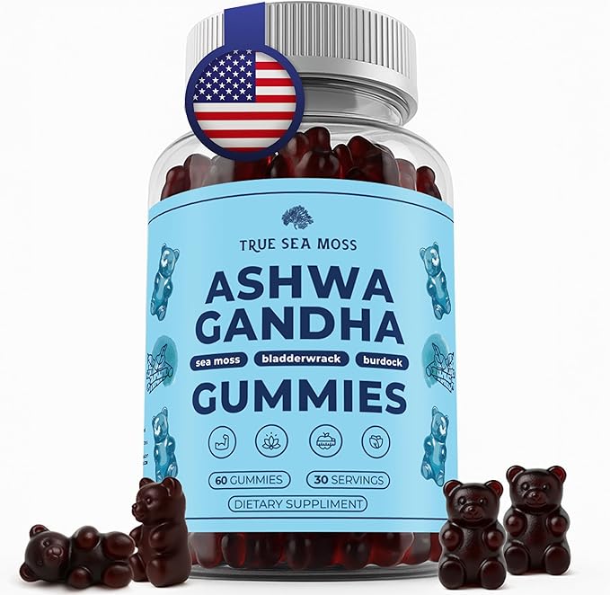 TrueSeaMoss Sea Moss Gummies with Ashwagandha Burdock Root &amp Bladderwrack – for Adults &amp Kids 4+ Fruity Flavor – 60 Gummies