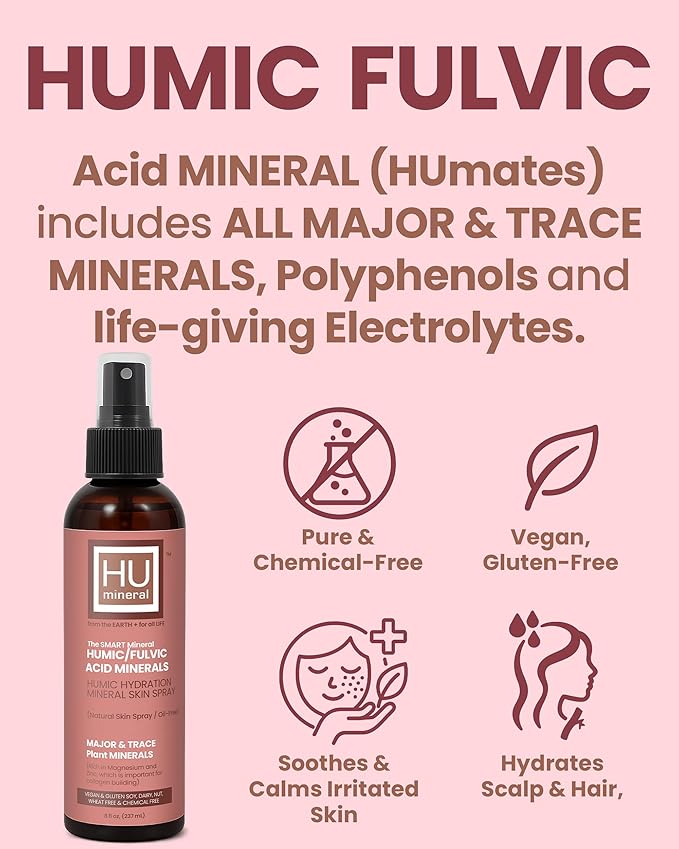 2X Humic Hydration Mineral Spray – Organic Humic Acid Fulvic Acid Spray with Major &amp Trace Minerals Electrolytes &amp Silica to Boost Collagen - Plant-Based for Skin Hair &amp Body Hydration